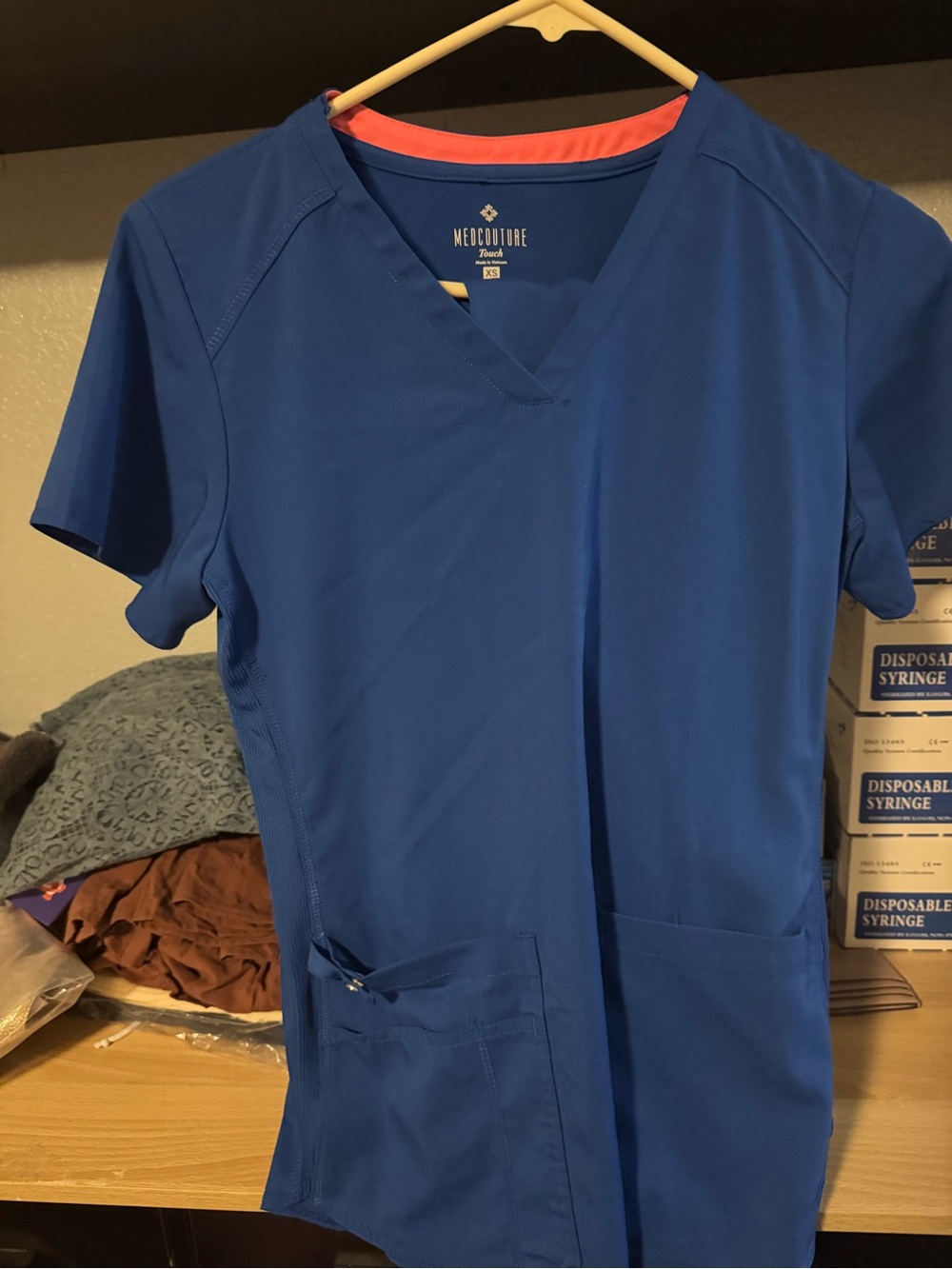 Med Couture Women's V-Neck Scrub Top and joggers in Royal Blue with Coral Trim